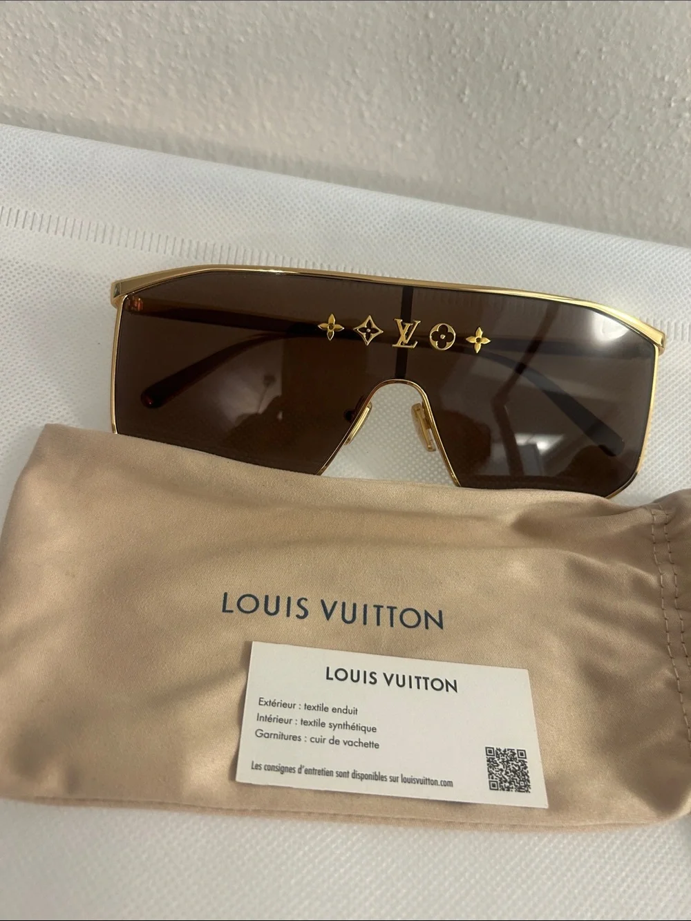 Louis Vuitton Men’s Gold Frame Brown Shield Sunglasses with LV Brow Motif